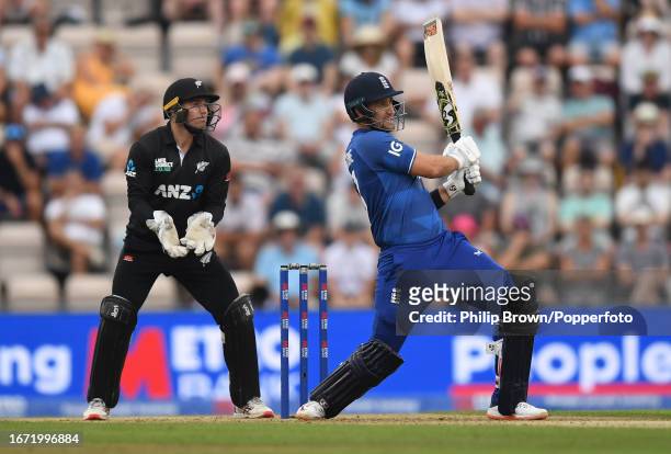 Liam Livingstone of England bats watched by Tom Latham during the 2nd One Day International between England and New Zealand at The Ageas Bowl on...