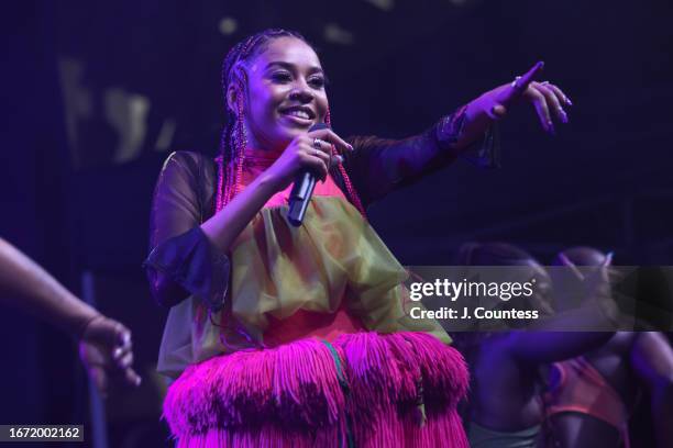 Singer/rapper Sho Madjozi performs at the Festival Street Music Stage on September 09, 2023 in Toronto, Ontario.