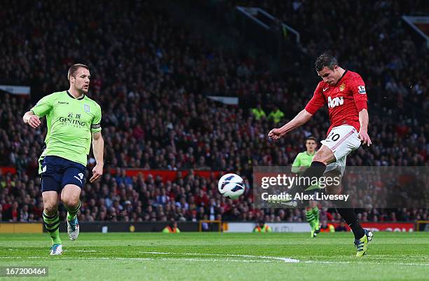 Robin van Persie of Manchester United scores his team's second goal during the Barclays Premier League match between Manchester United and Aston...