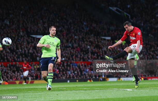 Robin van Persie of Manchester United scores his team's second goal during the Barclays Premier League match between Manchester United and Aston...