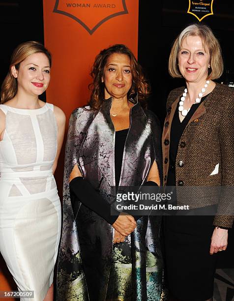 Kathryn Parsons, winner of the New Generation award, Dame Zaha Hadid, winner of the Veuve Clicquot Business Woman Award 2013 and Home Secretary...