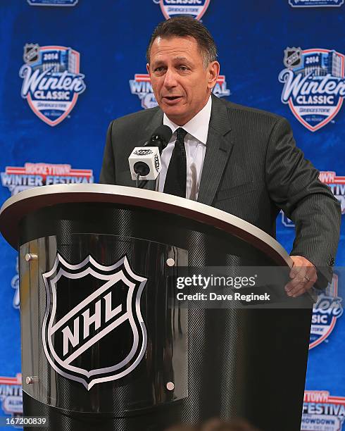 Detroit Red Wings general manager Ken Holland talks about the 2014 NHL Winter Classic during the Press Announcement on April 7, 2013 in Detroit,...