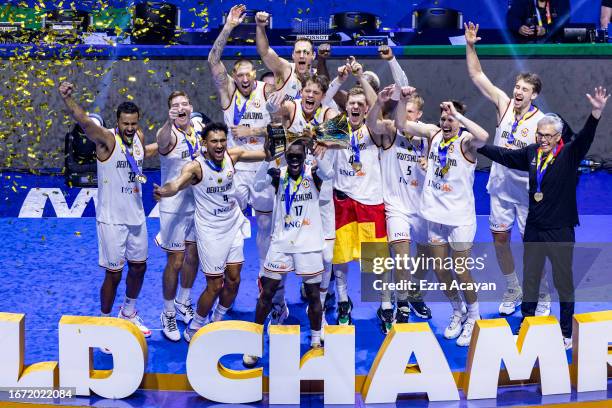 Germany celebrates after winning the FIBA Basketball World Cup Final between Germany and Serbia at Mall of Asia Arena on September 10, 2023 in...