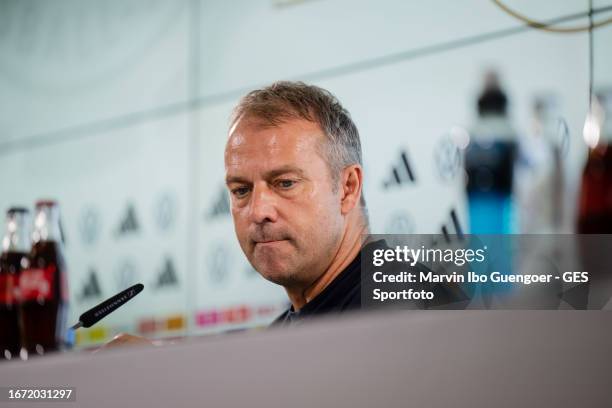 Head Coach Hansi Flick of Germany gives a press conference after the international friendly match between Germany and Japan at Volkswagen Arena on...