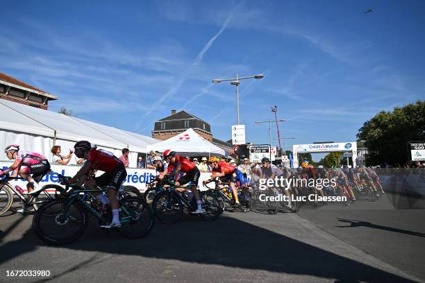 Clément Russo of France and Team Arkéa Samsic, Arnaud Démare of France and Team Arkéa Samsic and a general view of the peloton competing during the...