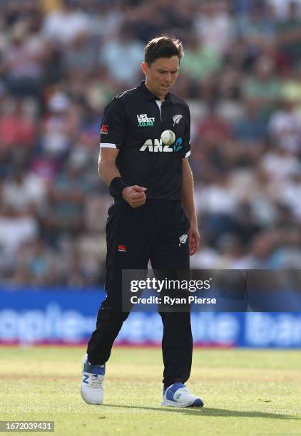 Trent Boult of New Zealand looks on during the 2nd Metro Bank One Day International match between England and New Zealand at The Ageas Bowl on...