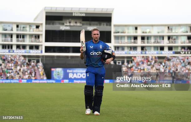 Liam Livingstone of England walks off at the end of the innings during the 2nd Metro Bank ODI between England and New Zealand at The Ageas Bowl on...