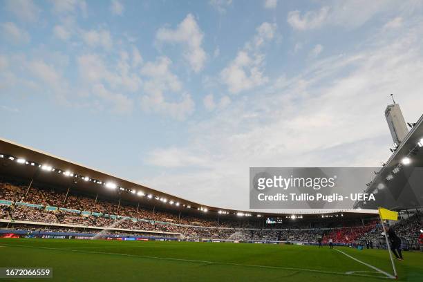 General view inside the stadium prior to the UEFA EURO 2024 European qualifier match between Finland and Denmark at Helsinki Olympic Stadium on...