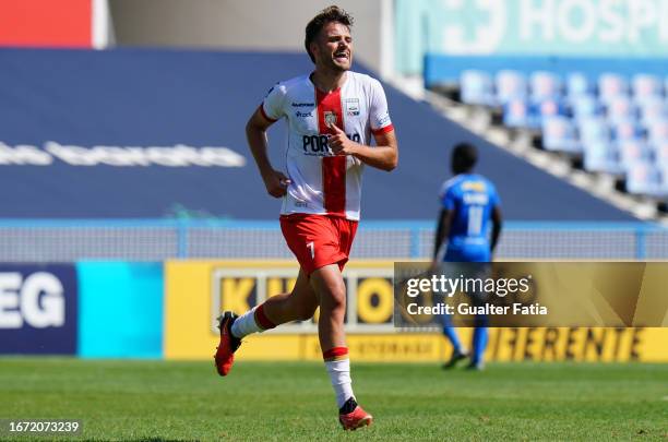 Leandro Antunes of UD Leiria celebrates after scoring a goal during the Liga Portugal 2 match between CF Os Belenenses and UD Leiria at Estadio do...