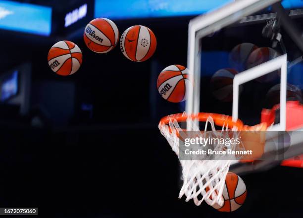 Basketball goes to the hoop prior to the game between the New York Liberty and the Washington Mystics at Barclays Center on September 10, 2023 in the...