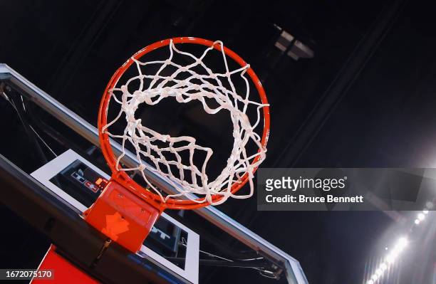 General view of the basketball hoop prior to the game between the New York Liberty and the Washington Mystics at Barclays Center on September 10,...