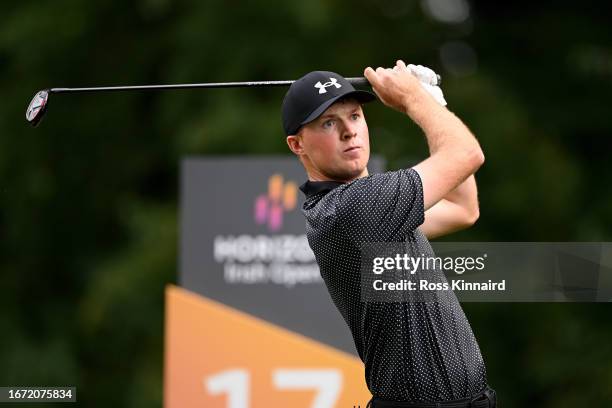 Mark Power of Ireland hits his tee shot on the 17th hole during Day Four of the Horizon Irish Open at The K Club on September 10, 2023 in Straffan,...