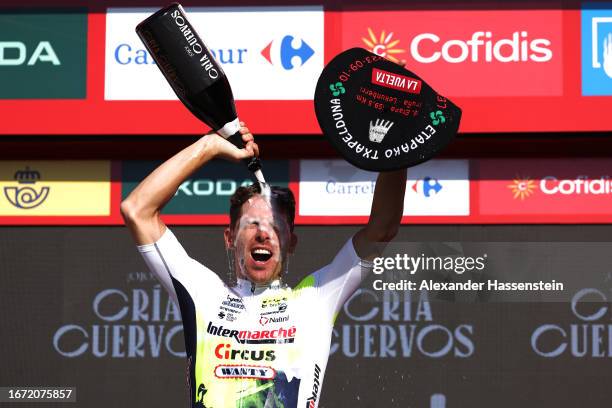 Rui Costa of Portugal and Team Intermarché - Circus - Wanty celebrates at podium as stage winner during the 78th Tour of Spain 2023, Stage 15 a...