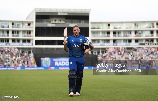 Liam Livingstone of England walks off at the end of the innings during the 2nd Metro Bank ODI between England and New Zealand at The Ageas Bowl on...