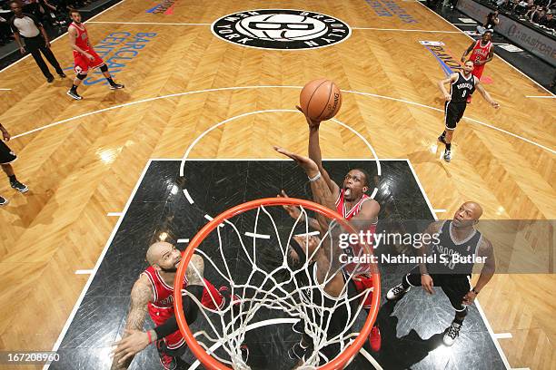 Luol Deng of the Chicago Bulls shots against the Brooklyn Nets in Game One of the Eastern Conference Quarterfinals during the 2013 NBA Playoffs on...