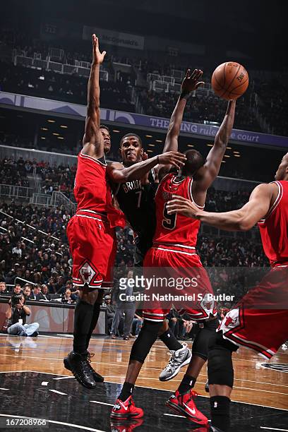 Joe Johnson of the Brooklyn Nets makes a pass against the Chicago Bulls in Game One of the Eastern Conference Quarterfinals during the 2013 NBA...