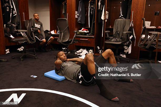 Tyshawn Taylor of the Brooklyn Nets in the locker room before the game against the Chicago Bulls in Game One of the Eastern Conference Quarterfinals...