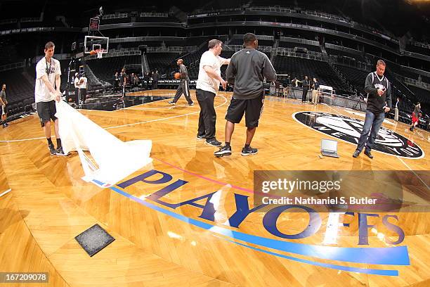 The playoff logo on the court before the game between the Brooklyn Nets and Chicago Bulls in Game One of the Eastern Conference Quarterfinals during...