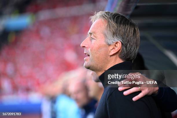 Kasper Hjulmand, Head Coach of Denmark, takes part in the national anthem prior to the UEFA EURO 2024 European qualifier match between Finland and...