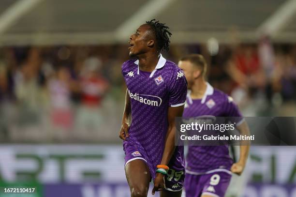 Christian Michael Kouakou Kouamé of ACF Fiorentina celebrates after scoring a goal during the Serie A TIM match between ACF Fiorentina and Atalanta...