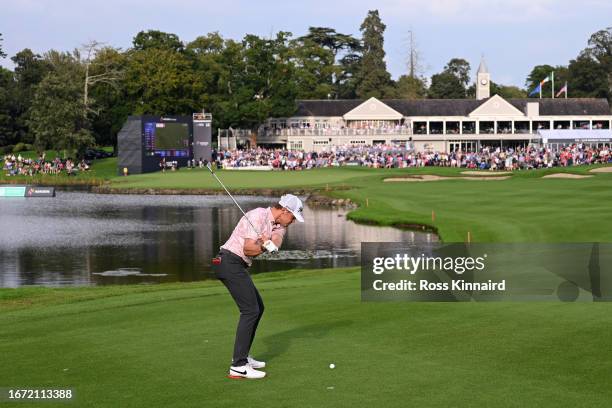 Vincent Norrman of Sweden plays his second shot on the 18th hole during Day Four of the Horizon Irish Open at The K Club on September 10, 2023 in...