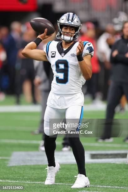 Bryce Young of the Carolina Panthers warms up before his game against the Atlanta Falcons at Mercedes-Benz Stadium on September 10, 2023 in Atlanta,...