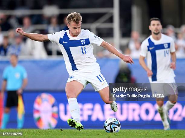 Rasmus Shueller of Finland shoots during the UEFA EURO 2024 European qualifier match between Finland and Denmark at Helsinki Olympic Stadium on...