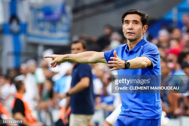 Marseille's Spanish head coach Marcelino Garcia Toral gestures during the French L1 football match between Olympique Marseille and Toulouse FC at...