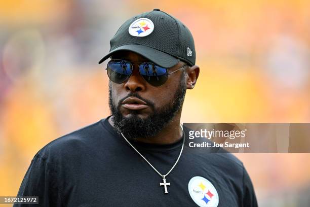 Head coach Mike Tomlin of the Pittsburgh Steelers looks on prior to a game against the San Francisco 49ers at Acrisure Stadium on September 10, 2023...