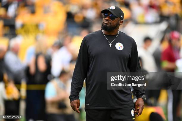 Head coach Mike Tomlin of the Pittsburgh Steelers looks on prior to a game against the San Francisco 49ers at Acrisure Stadium on September 10, 2023...