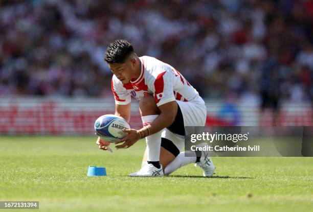 Rikiya Matsuda of Japan prepare to take a kick during the Rugby World Cup France 2023 match between Japan and Chile at Stadium de Toulouse on...