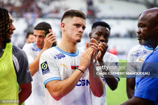 Marseille's Portuguese forward Vitor Manuel Carvalho De Oliveira reacts at the end of the French L1 football match between Olympique Marseille and...