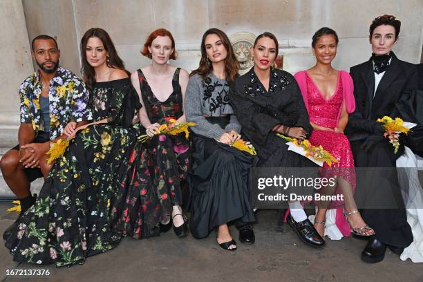 Justin Ervin, Ashley Graham, Karen Elson, Lily James, Billie Piper, Gugu Mbatha-Raw and Erin O'Connor attend the Erdem show during London Fashion...