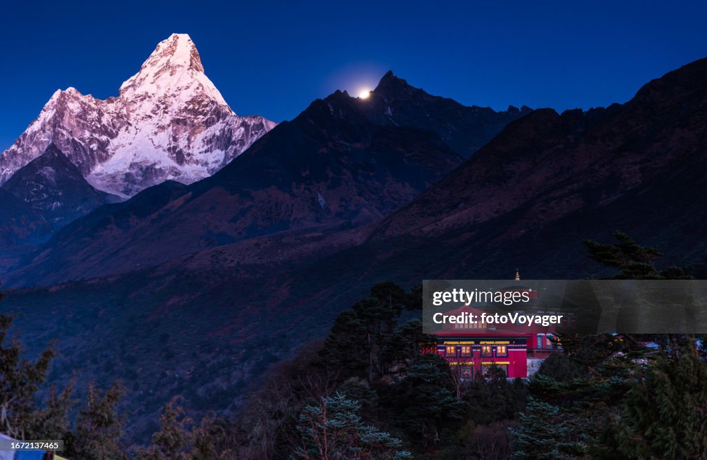 Himalayas moonrise over Ama Dablam Tengboche Buddhist monastery night Nepal