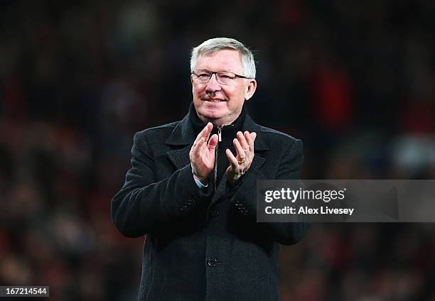 Sir Alex Ferguson, manager of Manchester United celebrates victory and winning the Premier League title after the Barclays Premier League match...