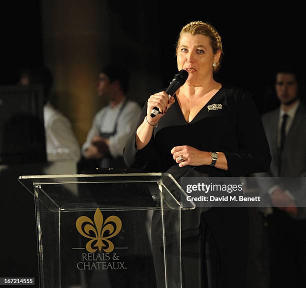 Nathalie Vranken speaks at Relais & Chateaux's 'Diner des Grands Chefs London 2013' in aid of Action Against Hunger at The Old Billingsgate on April...