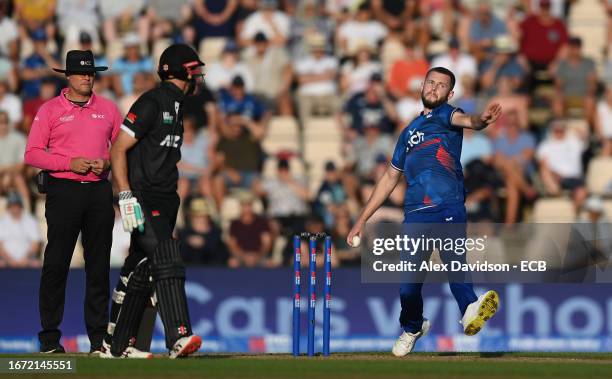 Gus Atkinson of England bowls during the 2nd Metro Bank ODI between England and New Zealand at The Ageas Bowl on September 10, 2023 in Southampton,...