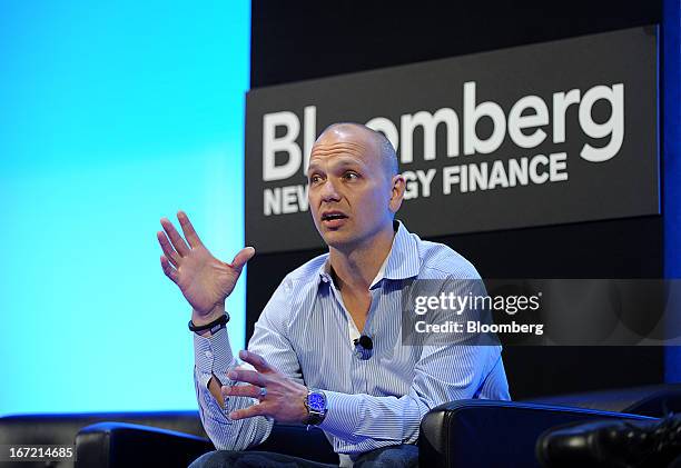 Tony Fadell, founder and chief executive officer of Nest Labs, speaks during an "Innovator Interview" at the Bloomberg New Energy Finance summit in...