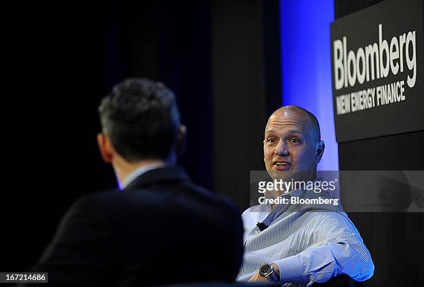 Tony Fadell, founder and chief executive officer of Nest Labs, speaks during an "Innovator Interview" at the Bloomberg New Energy Finance summit in...