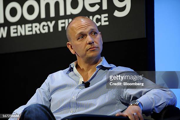 Tony Fadell, founder and chief executive officer of Nest Labs, listens during an "Innovator Interview" at the Bloomberg New Energy Finance summit in...