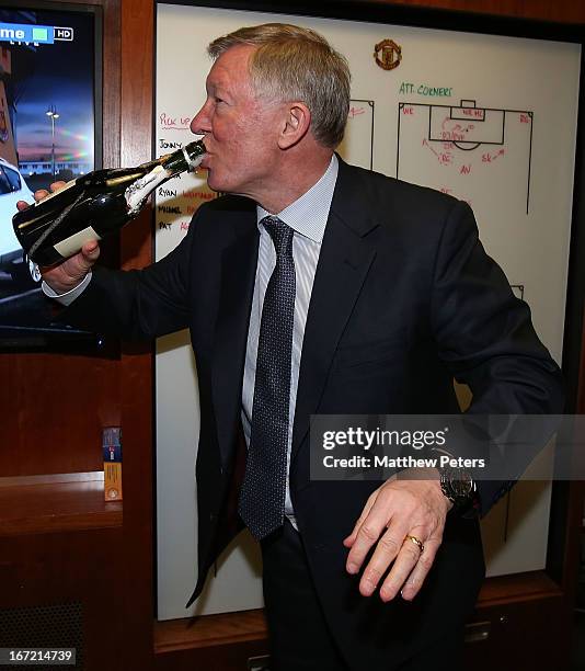 Manager Sir Alex Ferguson of Manchester United celebrates in the dressing room after the Barclays Premier League match between Manchester United and...