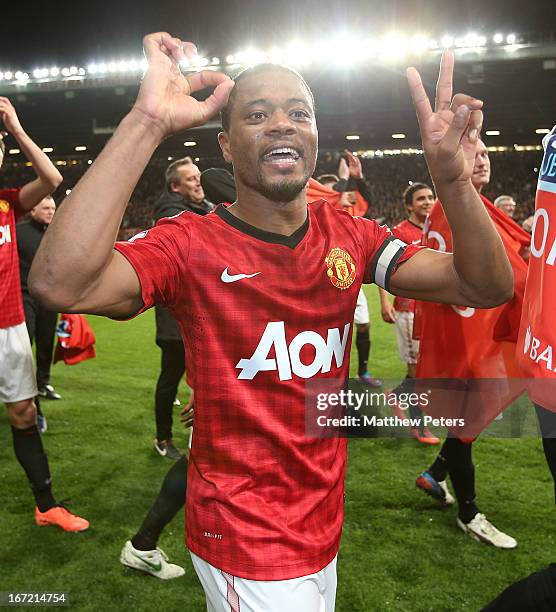 Patrice Evra of Manchester United celebrates at final whistle of the Barclays Premier League match between Manchester United and Aston Villa at Old...