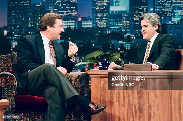 Episode 608 -- Pictured: Journalist Tim Russert during an interview with host Jay Leno on January 11, 1995 --