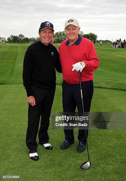 Gary Player and Jack Nicklaus pose for a photo on the first hole during the first round of the Demaret Division at the Liberty Mutual Insurance...