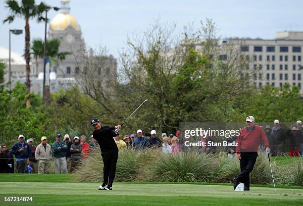 Gary Player hits a drive on the eighth hole during the first round of the Demaret Division at the Liberty Mutual Insurance Legends of Golf at The...