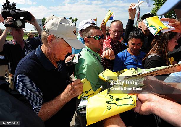 Jack Nicklaus signs autographs for fans after his first round of the Demaret Division at the Liberty Mutual Insurance Legends of Golf at The Westin...