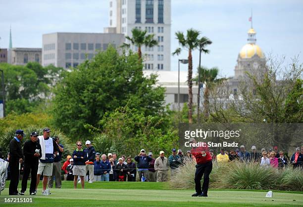 Jack Nicklaus hits a drive on the eighth hole during the first round of the Demaret Division at the Liberty Mutual Insurance Legends of Golf at The...