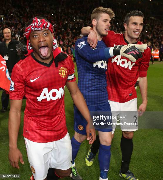 Patrice Evra of Manchester United celebrate after the Barclays Premier League match between Manchester United and Aston Villa at Old Trafford on...