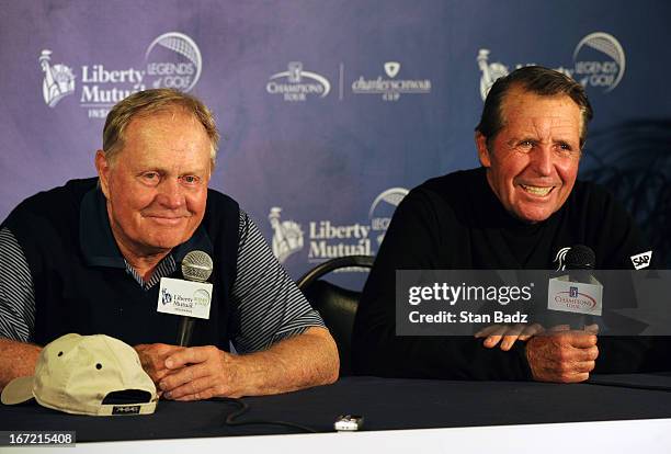 Jack Nicklaus and Gary Player address the media after playing the first round of the Demaret Division at the Liberty Mutual Insurance Legends of Golf...