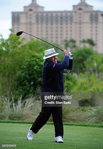 Jim Colbert hits a drive on the fourth hole during the first round of the Demaret Division at the Liberty Mutual Insurance Legends of Golf at The...